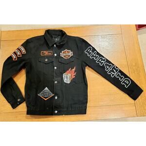 Black Pyramid Patch Embroidered Cotton Denim Jacket Mens Sz Small